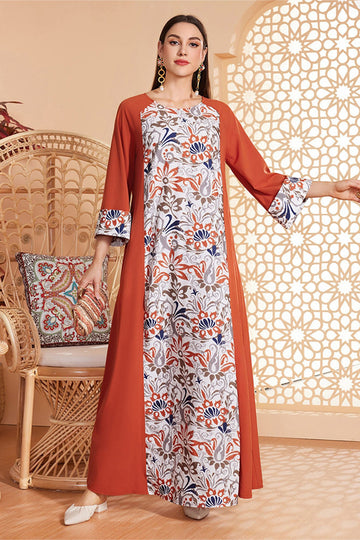 Caftan Abaya simple imprimé orange à manches longues